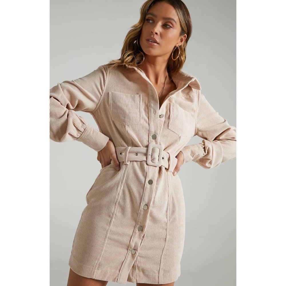 NWT Showpo- Lisa Mini Long Sleeve Belted Corduroy Dress in Cream (S)